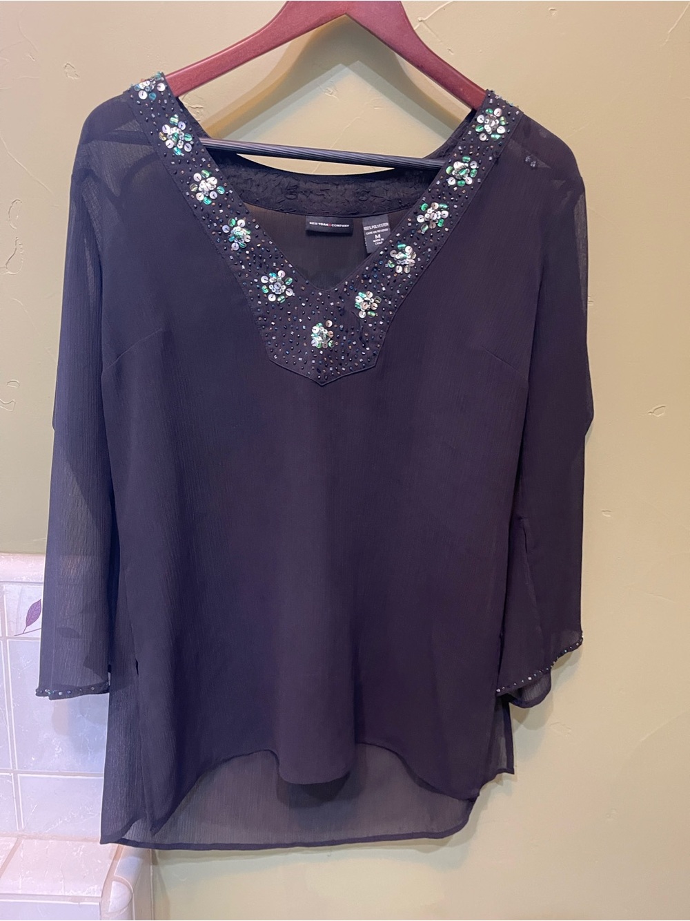 Embellished Black V-Neck Women's Blouse